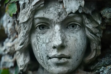 Stone statue of a woman's face surrounded by leaves in a garden.