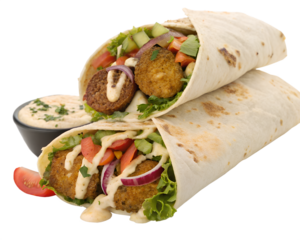 This delicious falafel wrap features crispy falafel balls, crisp fresh vegetables, and creamy hummus all wrapped in a soft tortilla. A small bowl of sauce accompanies the wrap, ePNG transparent
