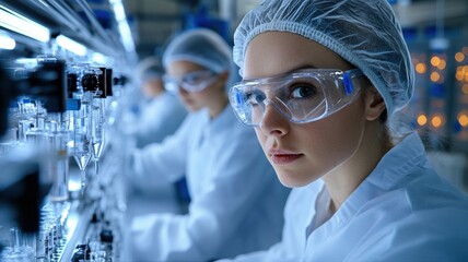 Technicians in a biomedical industrial lab testing the durability of surgical implants, professional lighting