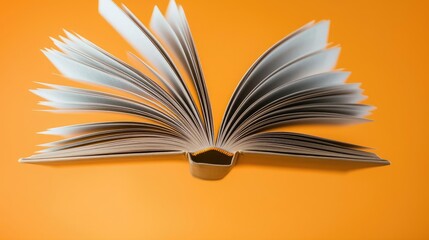 Books floating in the air with surrealism and float concept. An open book with fanned pages on a vibrant orange background.