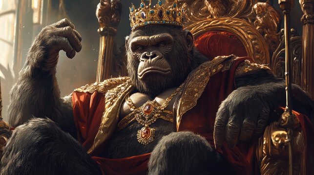 Dressed in full royal regalia, King Kong exudes dominance as he grips a scepter and wears a dazzling crown