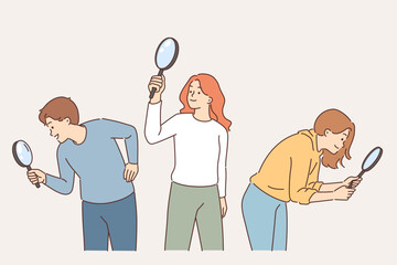 Collective search for ideas is carried out by team of young students holding magnifying glasses