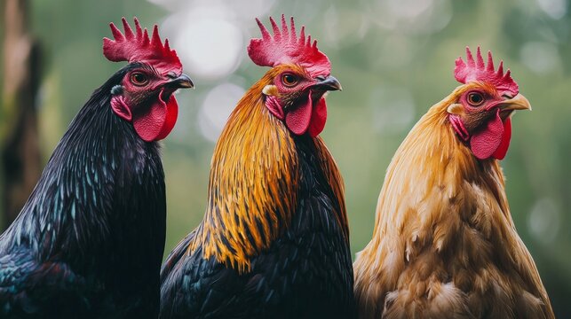 Close-up of colorful chickens with blurred background