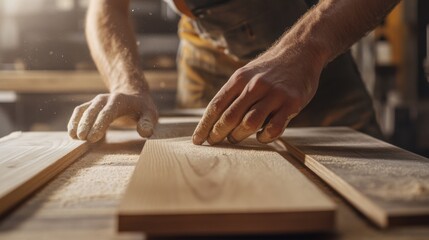 Carpenter sanding wooden planks for furniture. Featuring wood finishing and craftsmanship