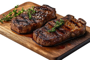 Isolated Two Grilled Steaks on Wooden Board