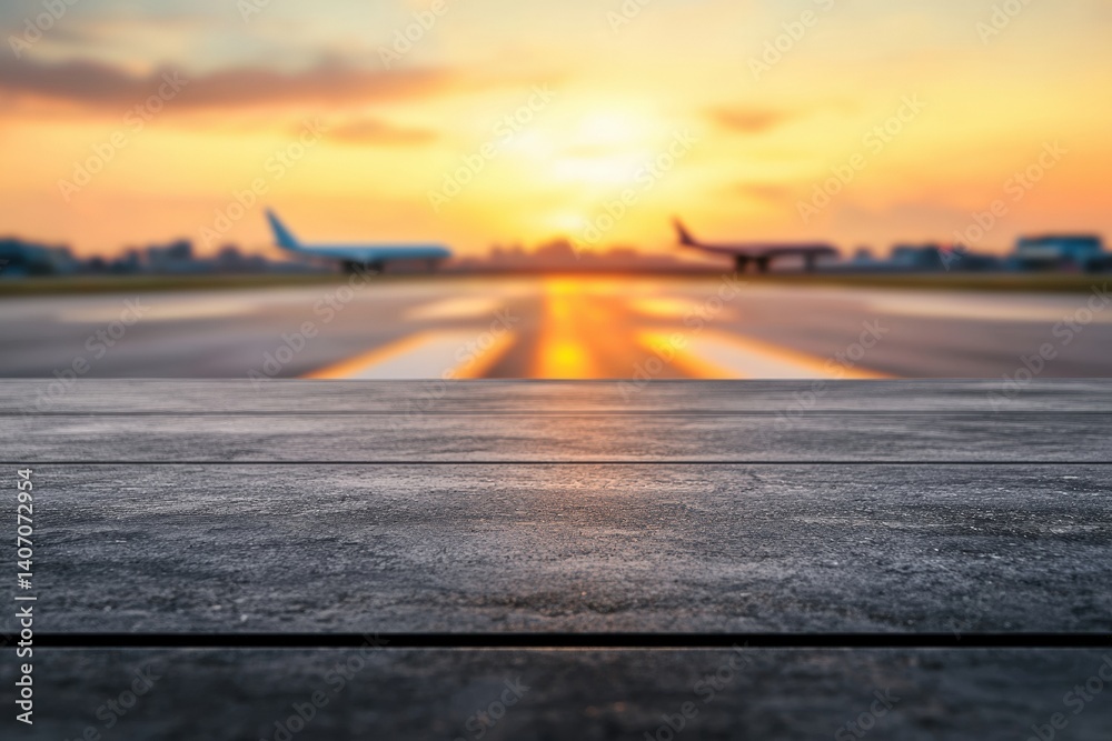 Poster empty marble table displaying blurred airport runway at sunset