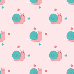 Seamless pattern with cute snails and butterflies in cartoon style