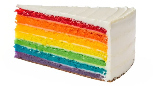 The vibrant slice of rainbow layered cake reveals an array of rich, vivid colors stacked neatly between layers of fluffy cake. The exterior features a smooth layer of white icing, enhancing its visual