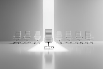 Minimalist boardroom setup with a single executive chair highlighted under bright light, symbolizing leadership or authority.

