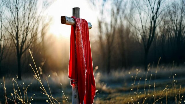 Wooden cross of Jesus Christ in the nature with a red robe hanging at sunset 4K