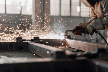Skilled Factory Worker Welding Metal With Sparks in Industrial Workshop