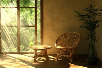 Bamboo furniture: A composition with a chair and a table made of bamboo by the window.