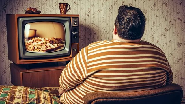 An extremely obese man sitting on the couch watching fast food on the television having bad health habits 4K
