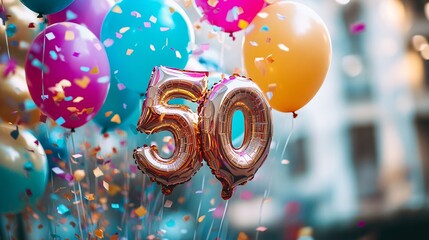 Golden number fifty 50 balloons celebrating a fiftieth birthday with colorful confetti and balloons