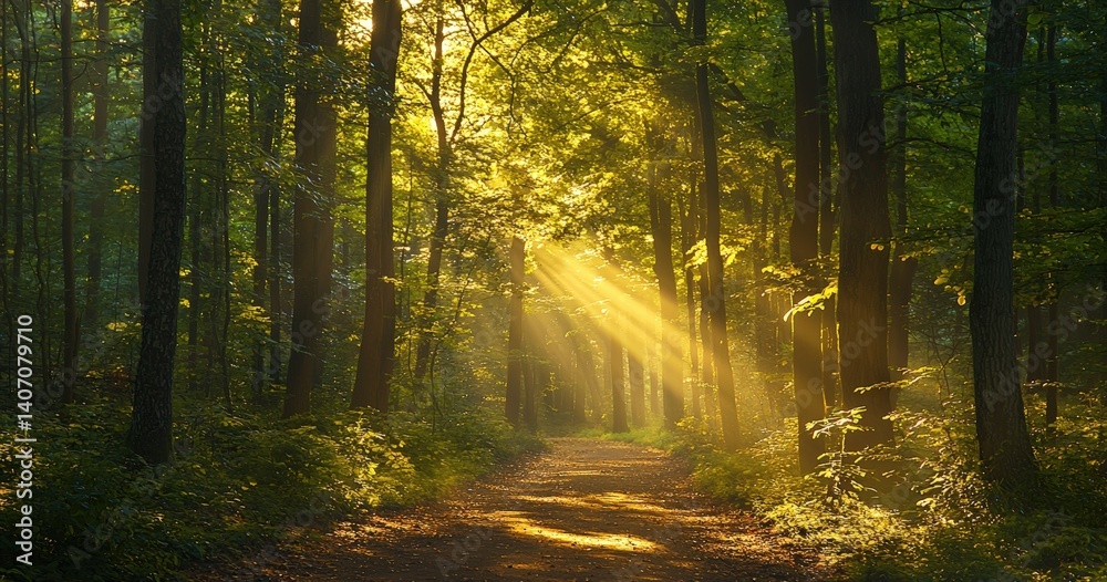 Poster Sunlight filtering through trees illuminating forest path