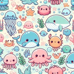 Cute ocean animal seamless pattern. Whales, jellyfish, crabs, and more for kids' designs.
