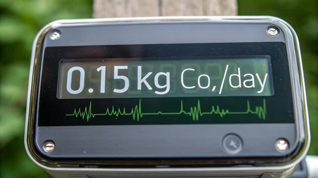 climate action low emissions concept. A digital display shows a measurement of 0.15 kg CO2 per day, along with a green waveform graphic.
