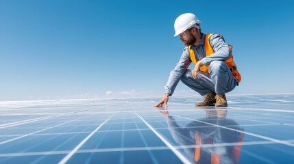 Fototapeta na wymiar An engineer inspecting solar panels under a bright blue sky. He wears a white helmet and safety vest. The scene conveys a sense of responsibility and progress in sustainable energy.