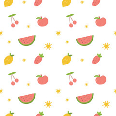 Colorful cute seamless pattern with fruits. Hand-drawn style. Vector illustration.