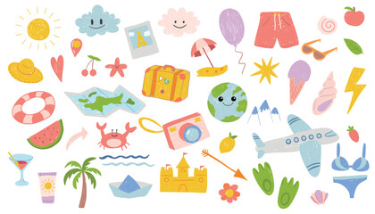 Summer stickers set. Set of elements for travel and vacation. Children's simple pencil drawing. Hand drawn vector illustration.
