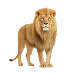 Obraz premium Majestic lion standing tall, isolated on white. Symbol of strength and courage. Wildlife concept.