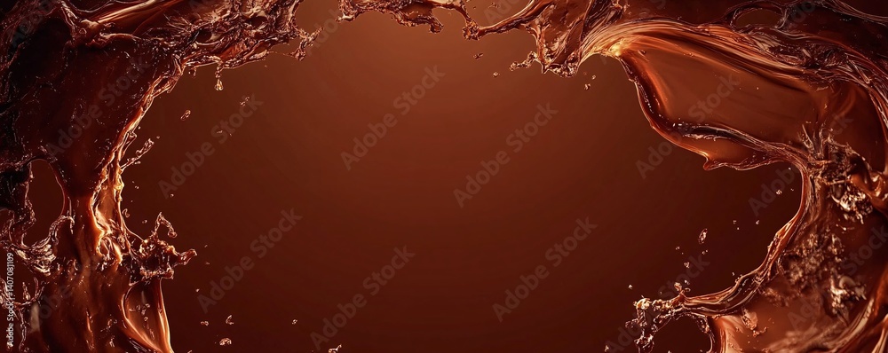 Poster delicious liquid chocolate splashing and forming a frame on brown background