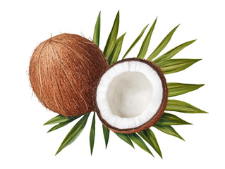 Fresh coconut with tropical leaves for decor and cooking, cut out