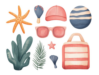 Naklejka premium Summer beach accessories for vacation and leisure activities, cut out