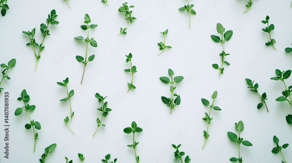 Aufkleber Fresh thyme sprigs arranged on white background creating a pattern