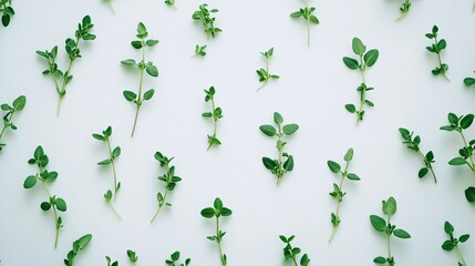 Fototapeta premium Fresh thyme sprigs arranged on white background creating a pattern
