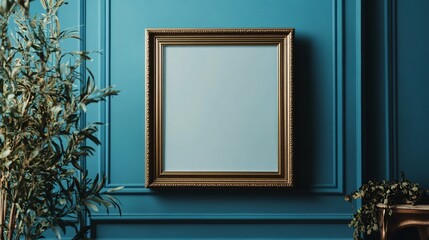 Golden ornate frame hanging on teal wall with plants mockup