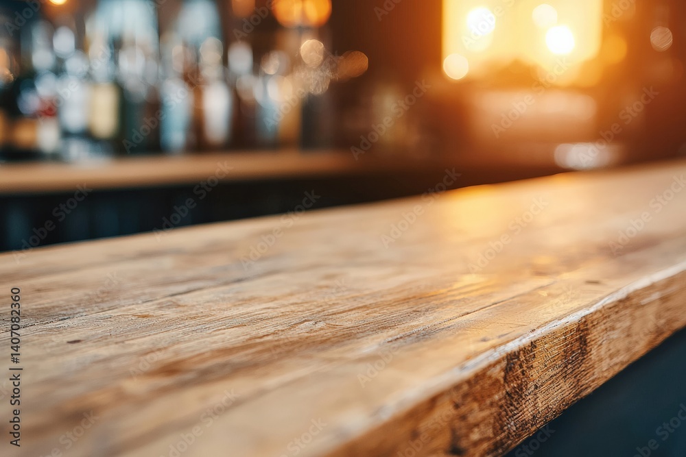 Leinwandbilder empty wooden bar counter with blurred pub background creating warm and nostalgic atmosphere