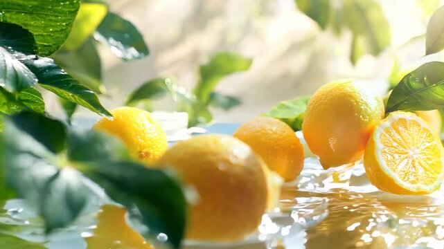 A close up of a bunch of lemons floating in water. The lemons are yellow and have green leaves on them. Concept of freshness and natural beauty
