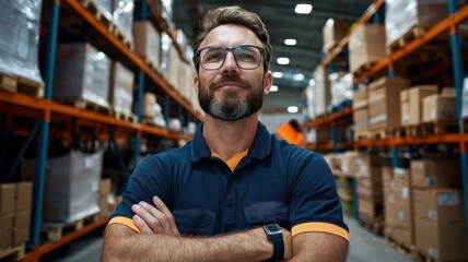 Warehouse manager discussing logistics strategies with the team, professional setting, corporate environment