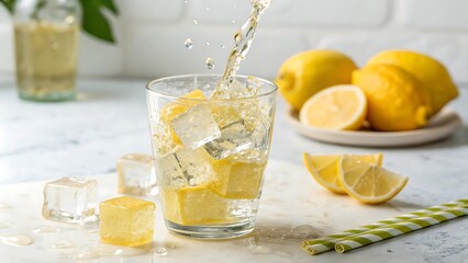 Fototapeta premium A cold glass of fresh lemonade with lemon and mint, a citrus refreshment