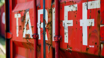 Red Shipping Container with the Word "Tariff" Written in White, Close-Up View. Conceptual Representation of Global Trade, Import-Export, Customs Duties, and Economic Policies.