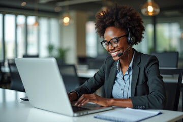 Customer service consultant, African happy woman telemarketing on contact us CRM or telecom. Call center communication, ecommerce and information technology consulting on microphone. AI