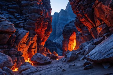 Fototapeta premium Stunning Rugged Rocks with Fiery Openings and Textured Surface Lighting