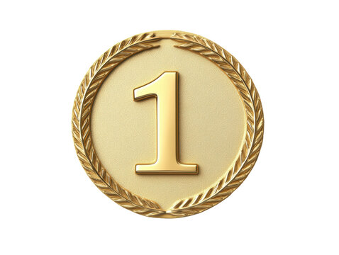 Gold medal with number one symbol highlighting achievement and success, cut out