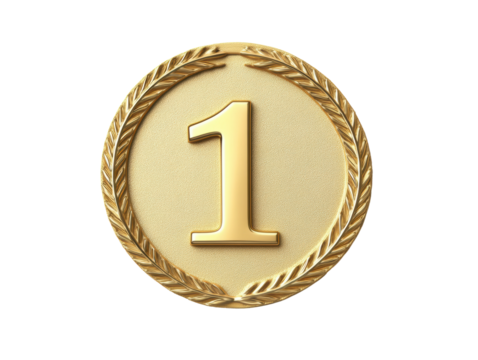 Gold medal with number one symbol highlighting achievement and success, cut out