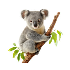 Naklejka premium Cute koala bear sitting on a branch with green leaves. Concept of wildlife, nature, and Australian animals.