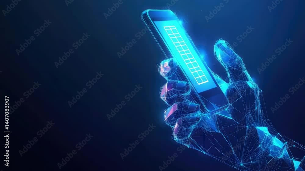 Sticker futuristic hand holding smartphone with digital interface in neon glow and wireframe background