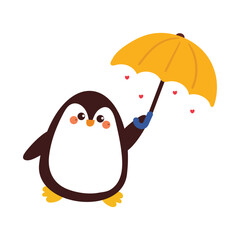 cute hand drawing cartoon penguin with yellow umbrella. cute animal drawing for kids sticker, doodle