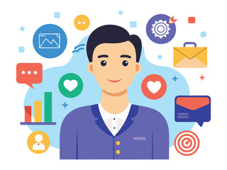 A businessman interacts with social network icons, representing modern business communication technology