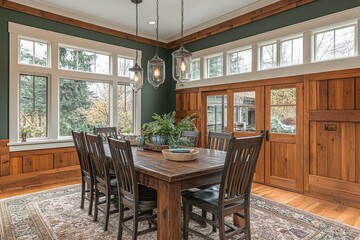 Craftsman-style dining room with dark wood table, chairs, green walls, white ceiling, glass pendant lights, and brown wood paneling.