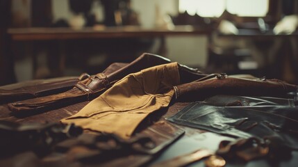 Vintage leatherworking tools on rustic table
