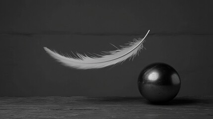 A feather balancing a heavy steel ball, symbolizing paradox and tension