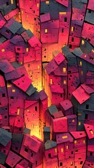 Obraz premium Crimson Cityscape: A striking artistic depiction of a cityscape with buildings of various sizes bathed in an intense crimson light, exuding an atmosphere of warmth and urban life.