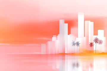 Fototapeta premium Sunset Cityscape with Palm Trees, and Beach.