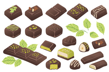 Dubai chocolate set in flat graphic design. Collection isolated elements with dark cocoa candies with green pistachio cream filling, pieces bar or slices, trendy arabian dessert. Vector illustration.
